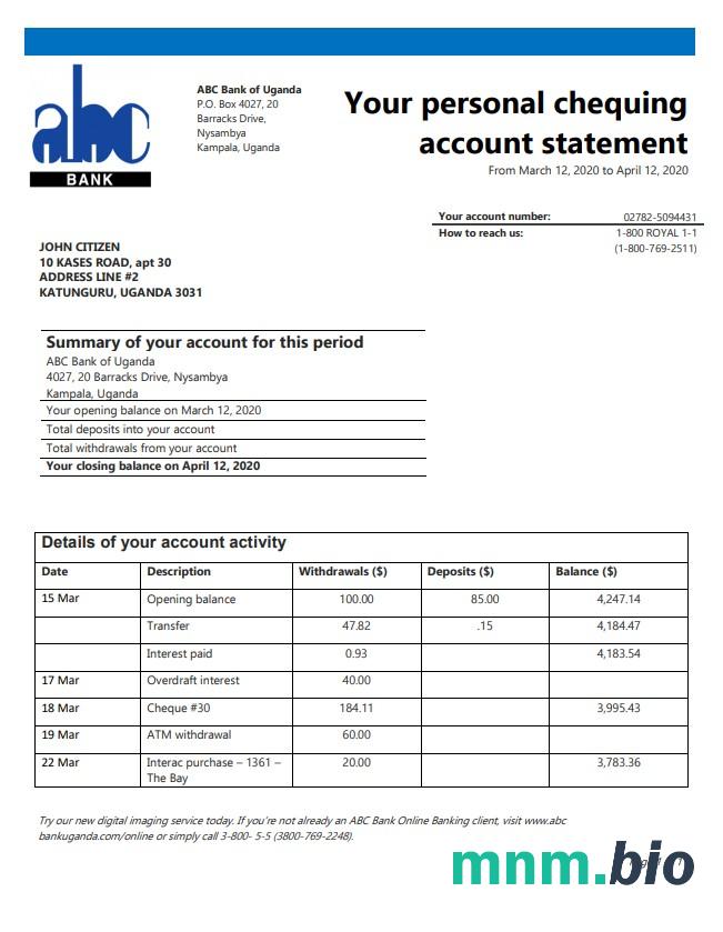 Uganda ABC Bank Of Uganda szablon w formacie excel pdf